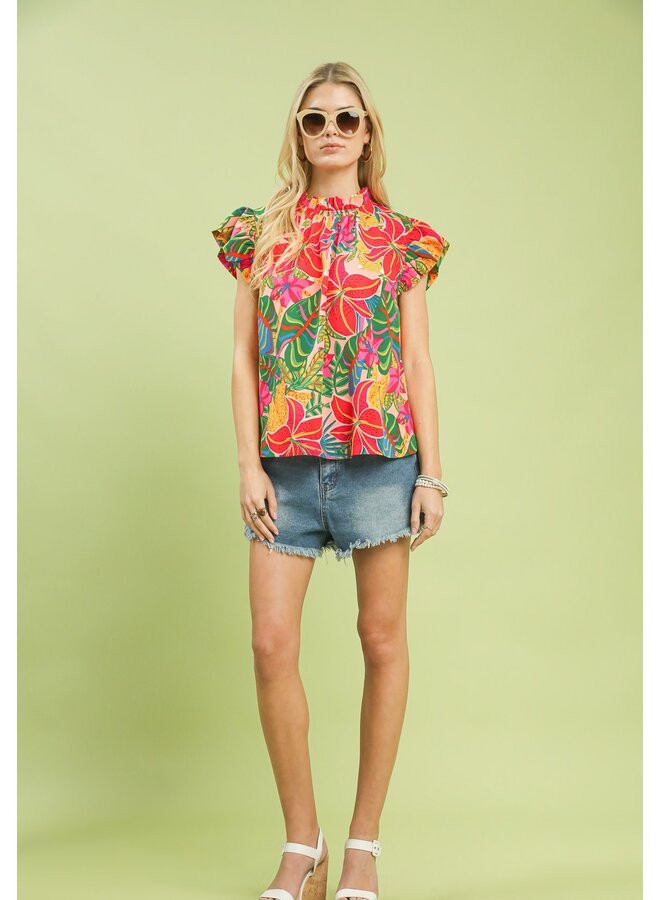 Tropical Floral Ruffle Sleeve High Neck Top Pink