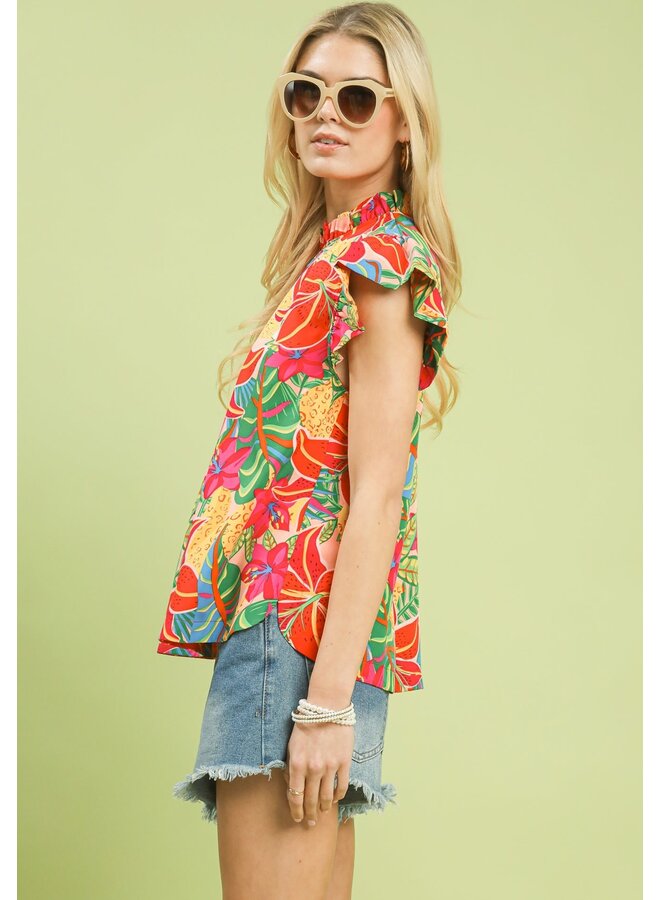 Tropical Floral Ruffle Sleeve High Neck Top Pink