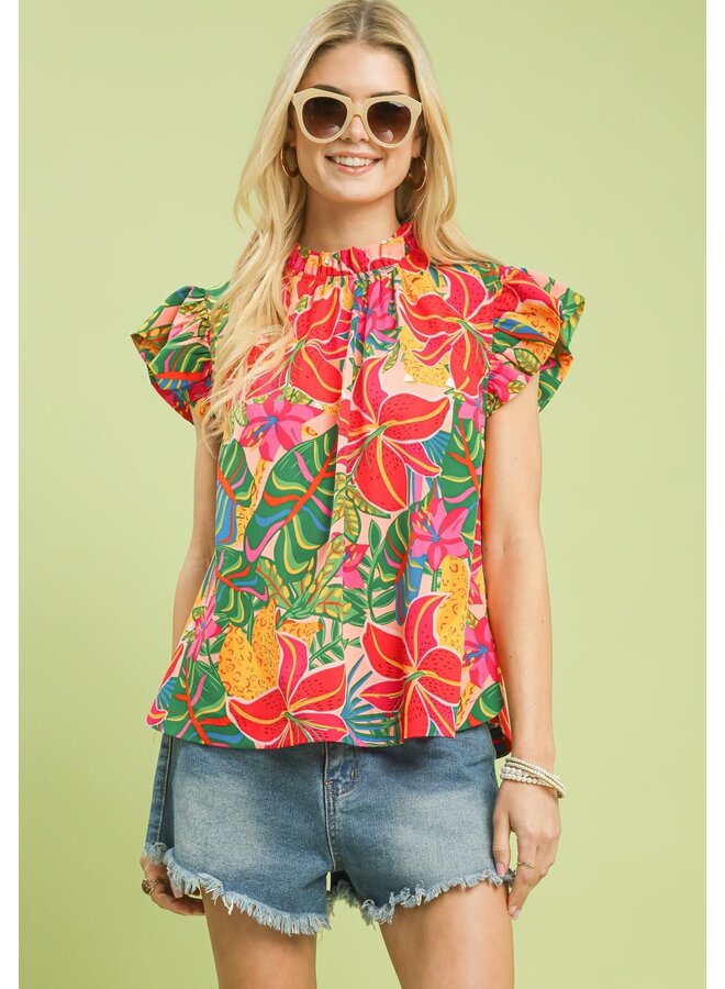 Tropical Floral Ruffle Sleeve High Neck Top Pink