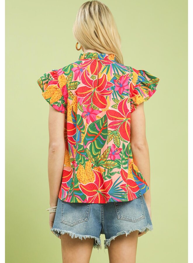 Tropical Floral Ruffle Sleeve High Neck Top Pink