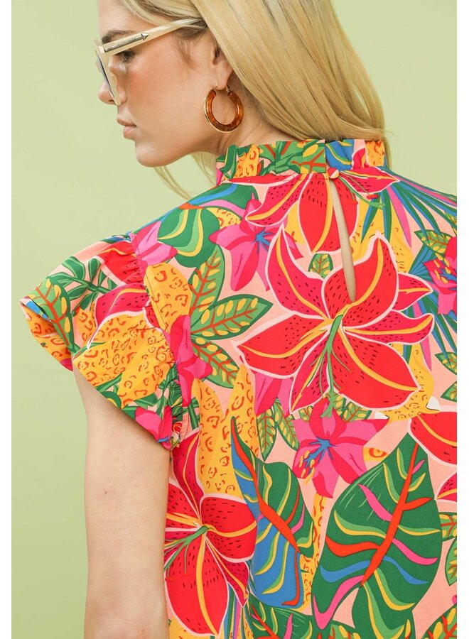 Tropical Floral Ruffle Sleeve High Neck Top Pink