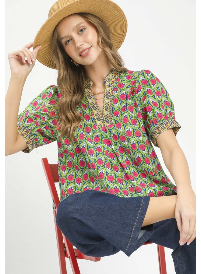 Mix Boho Puff Sleeve Split Neck Top Sage