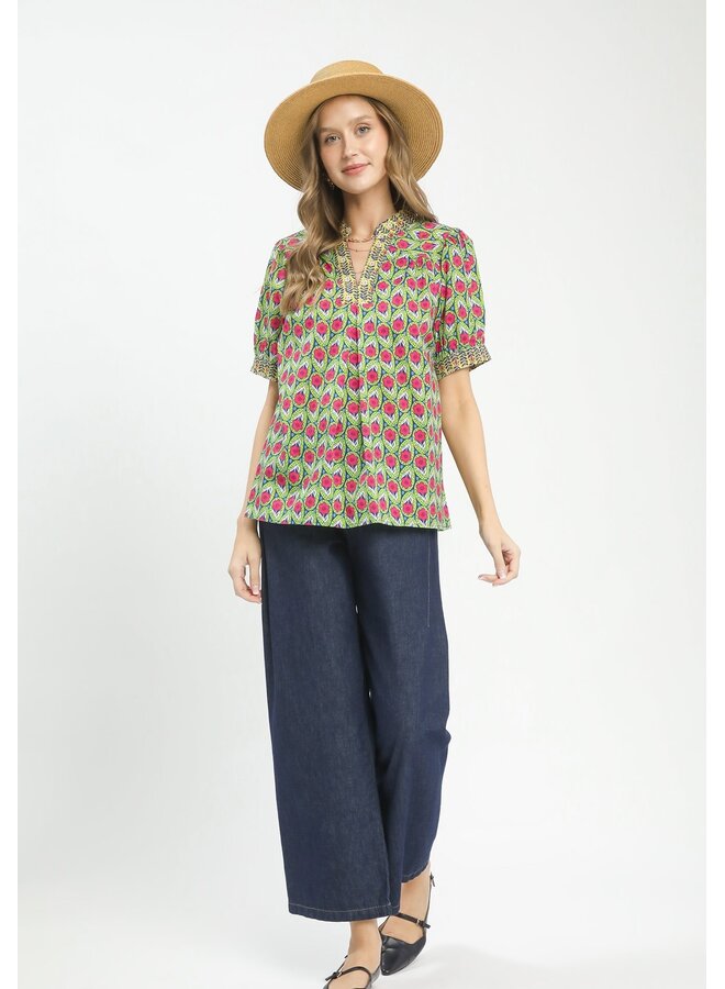 Mix Boho Puff Sleeve Split Neck Top Sage