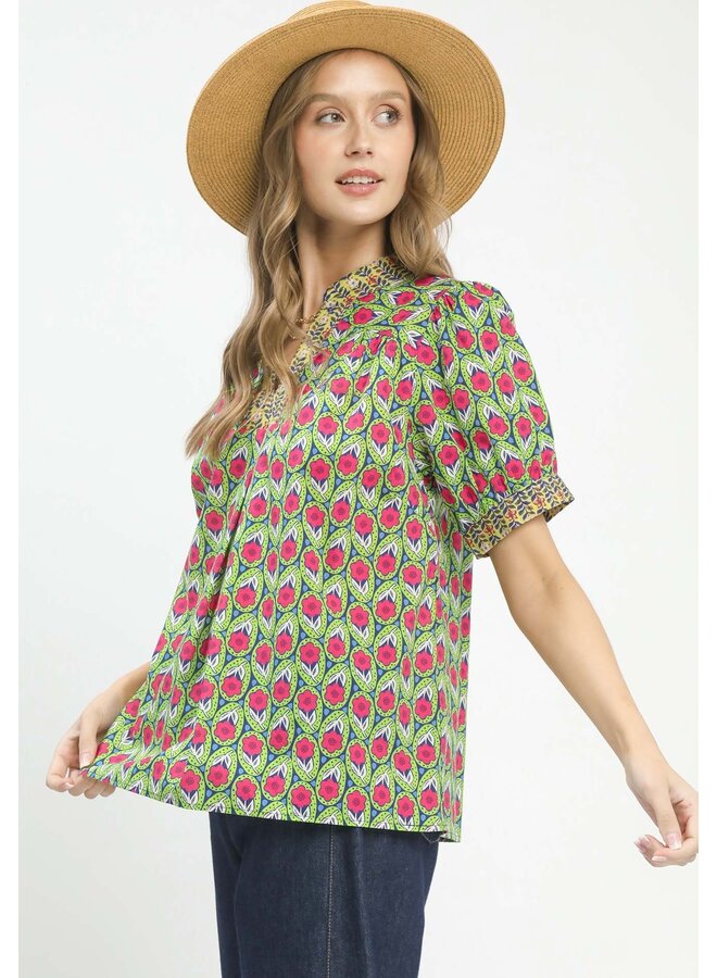 Mix Boho Puff Sleeve Split Neck Top Sage