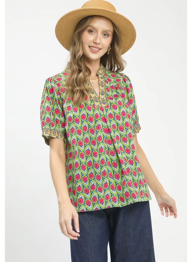 Mix Boho Puff Sleeve Split Neck Top Sage