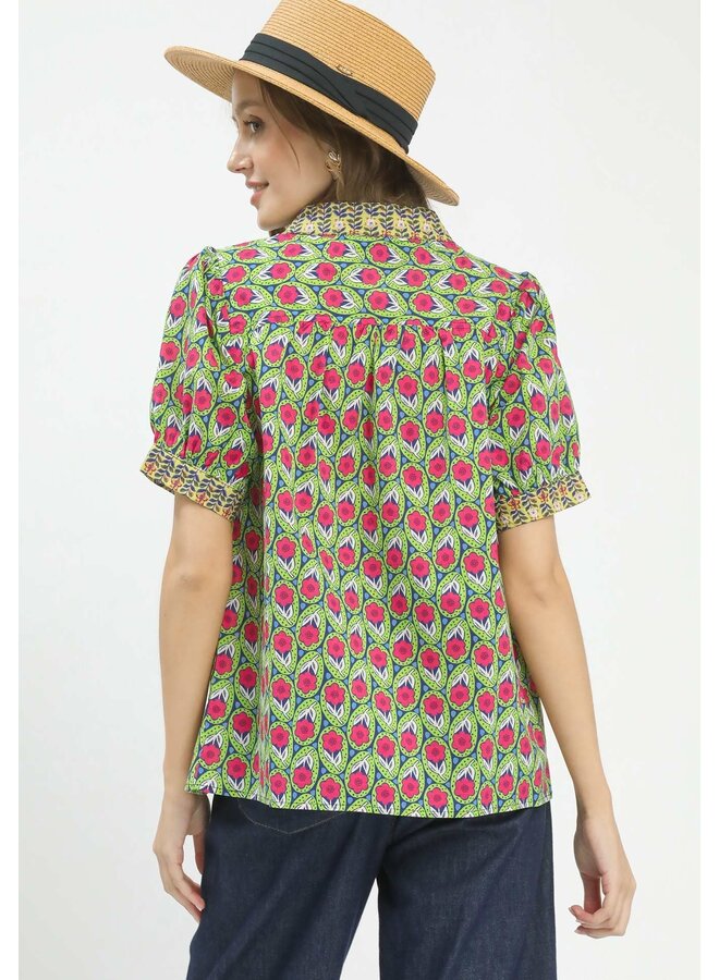 Mix Boho Puff Sleeve Split Neck Top Sage