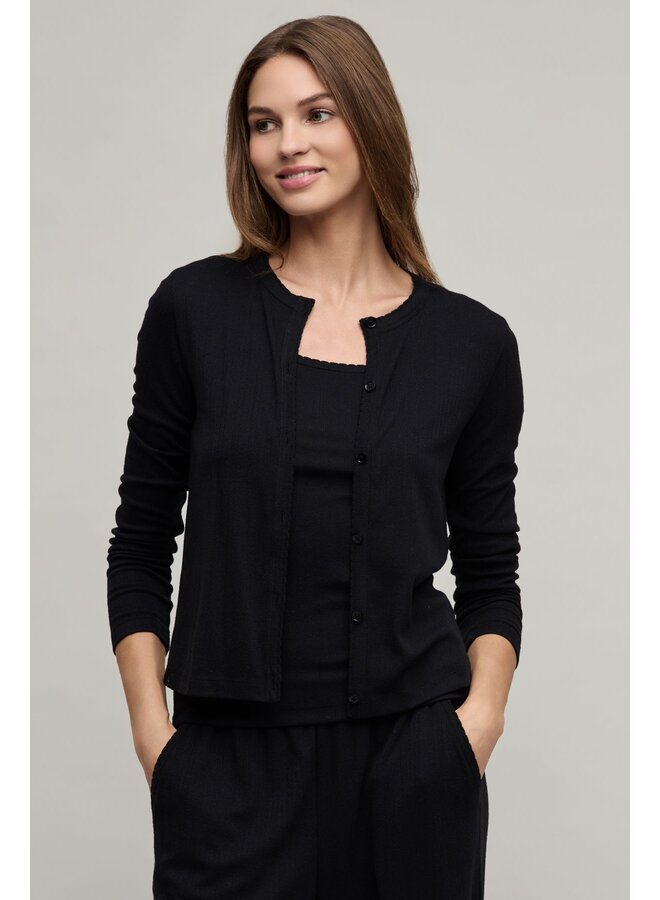 Pointelle Rib Cardigan with Scallop Trim Black