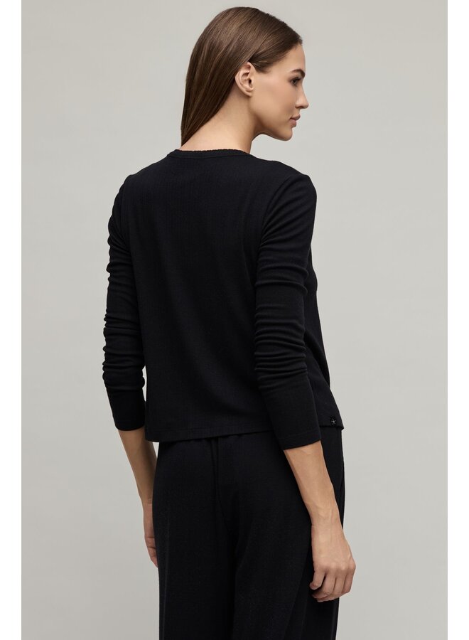 Pointelle Rib Cardigan with Scallop Trim Black