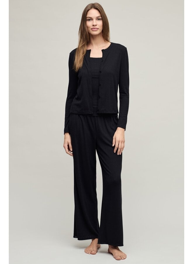 Pointelle Rib Cardigan with Scallop Trim Black