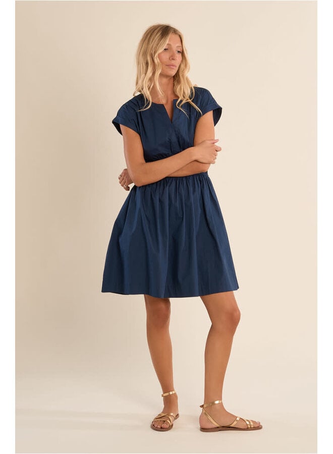 Short Cotton Dress Smocked Waist Navy Blue