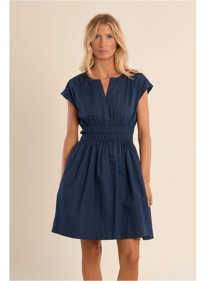 Short Cotton Dress Smocked Waist Navy Blue