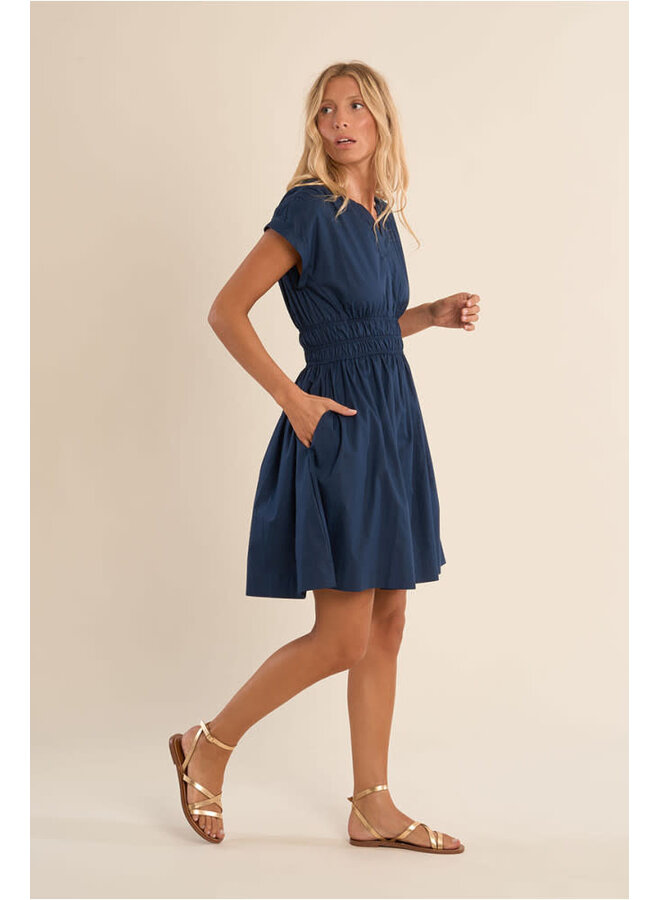 Short Cotton Dress Smocked Waist Navy Blue