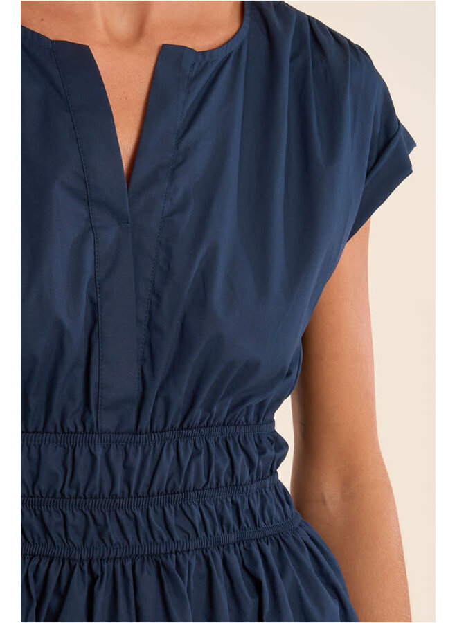 Short Cotton Dress Smocked Waist Navy Blue