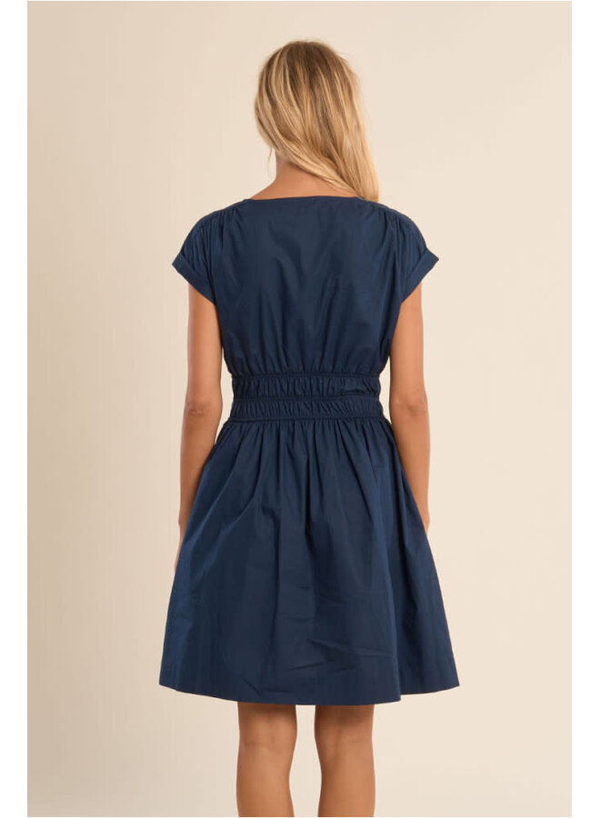 Short Cotton Dress Smocked Waist Navy Blue