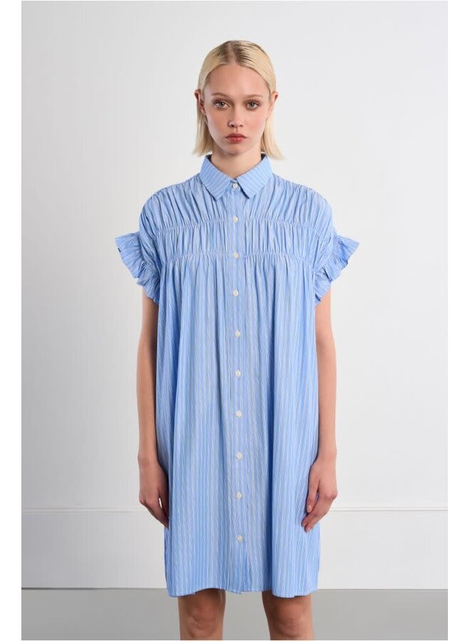 Cotton Shirt Dress Smocked Blue
