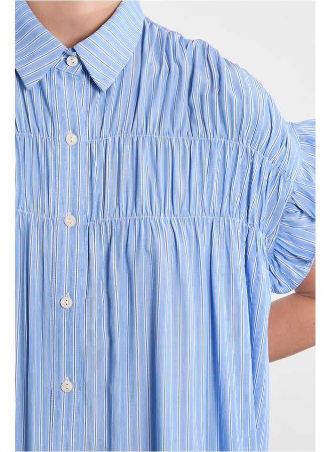 Cotton Shirt Dress Smocked Blue