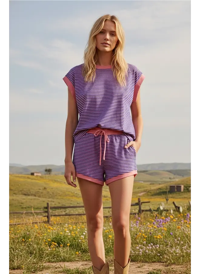 Striped Knit Top and Pants Set Pink/Royal Blue