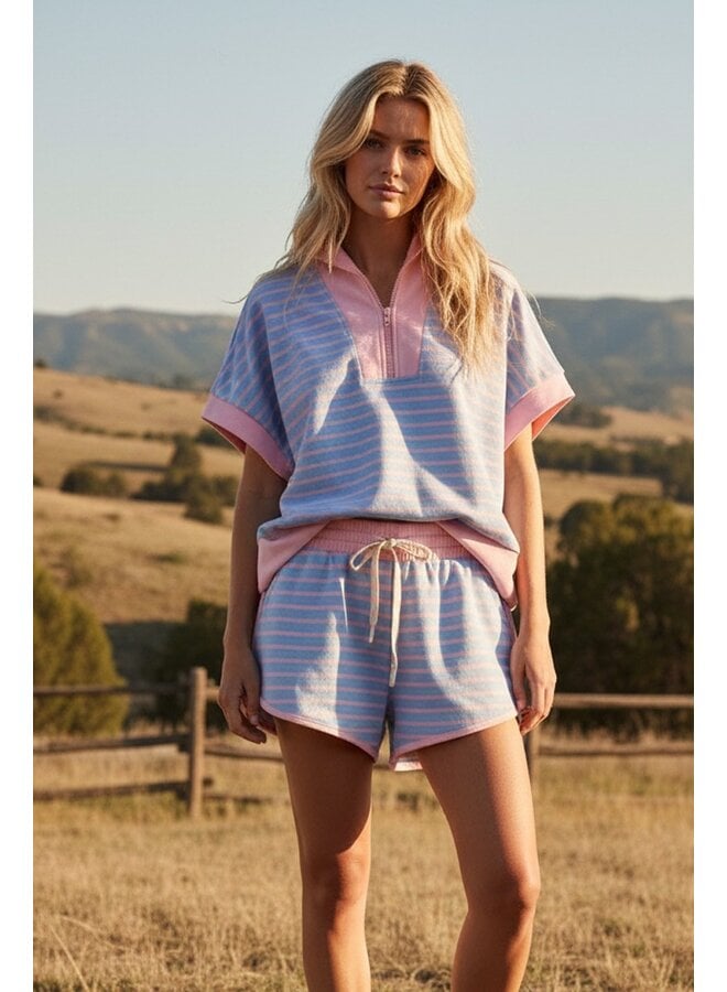Half Zip Up Striped Top & Shorts Set Blue/Pink