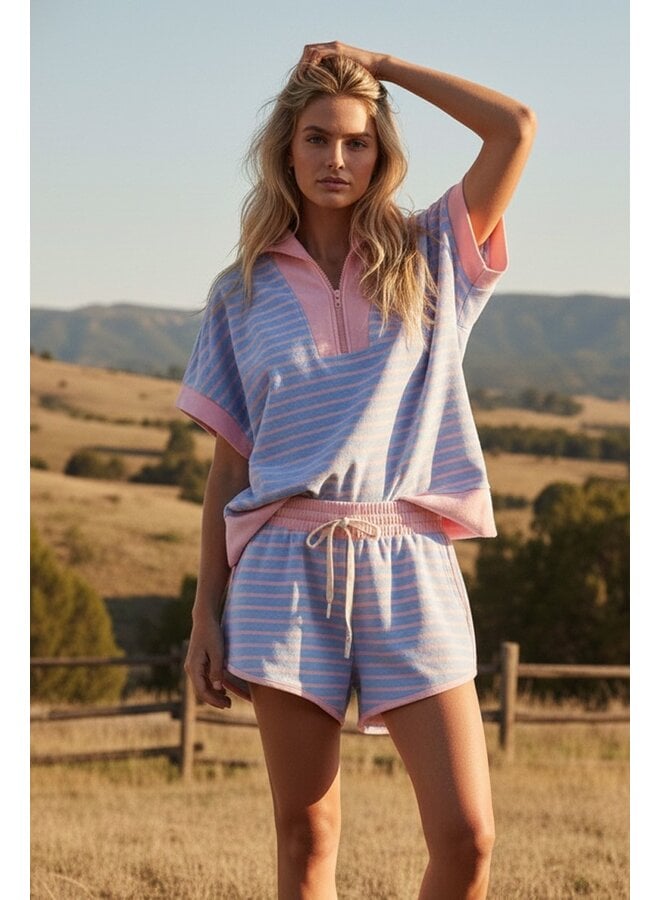 Half Zip Up Striped Top & Shorts Set Blue/Pink