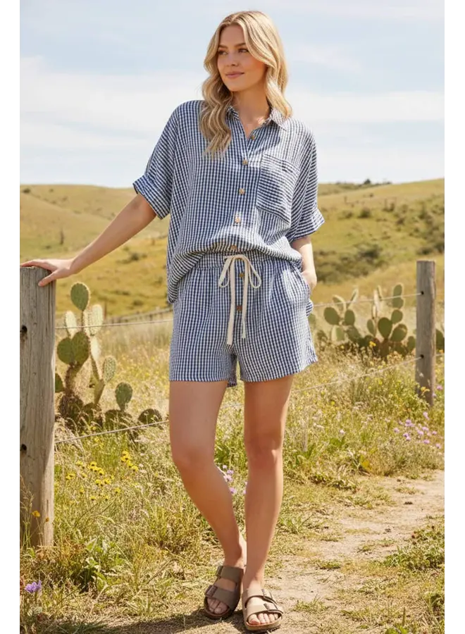 Mini Checker Button Down Top and Shorts Set Navy