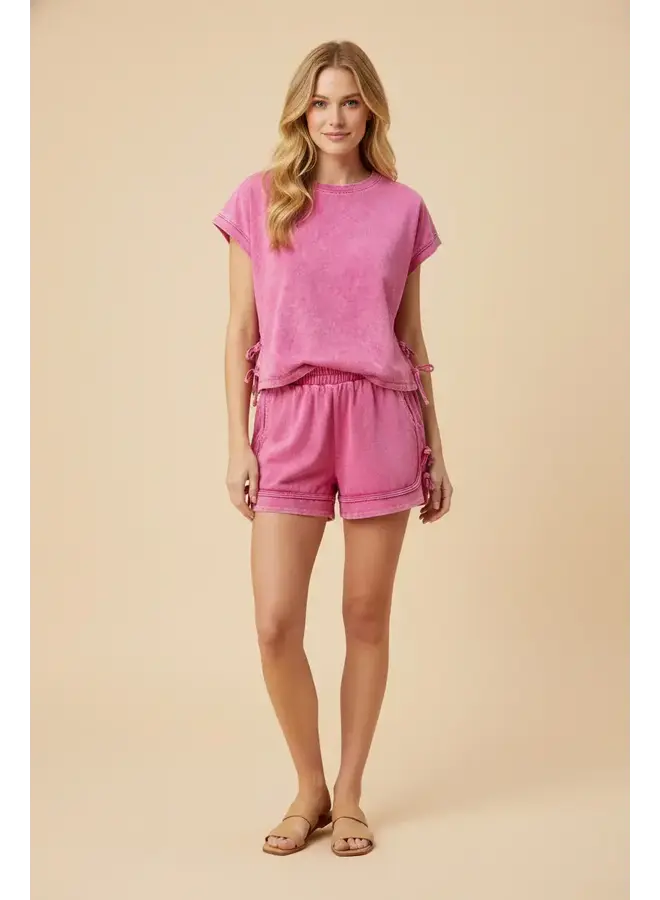 Washed Side Bow Detail Knit T Shirt Pink