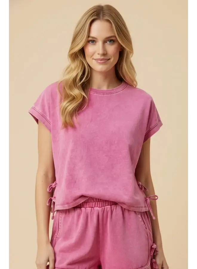 Washed Side Bow Detail Knit T Shirt Pink