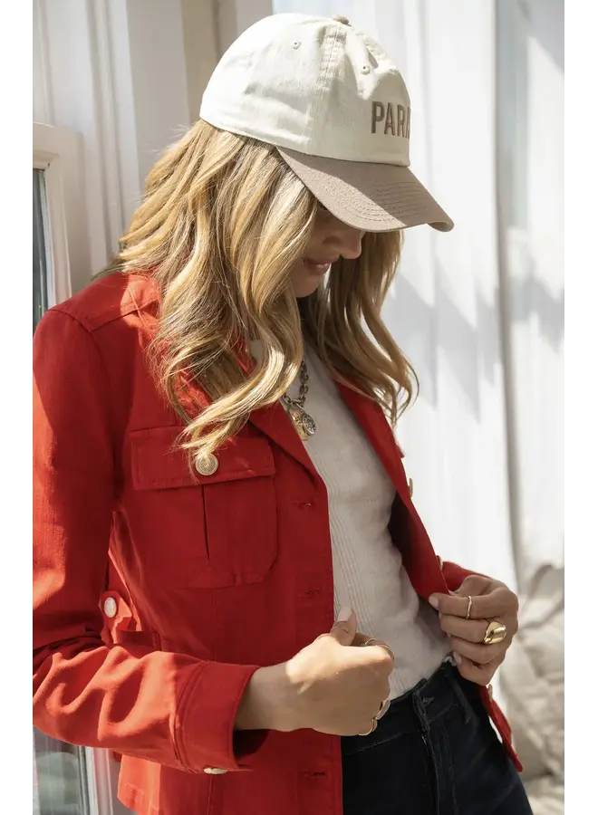 Peplum Jacket with Gold Buttons Fire Brick Red
