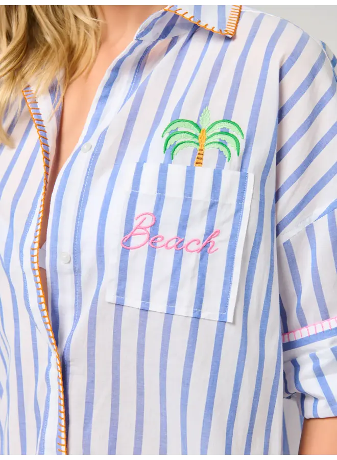 Beach/Ocean Air Salty Hair Don't Care Cover Up Shirt Blue Stripe