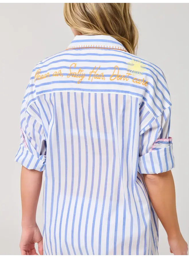 Beach/Ocean Air Salty Hair Don't Care Cover Up Shirt Blue Stripe