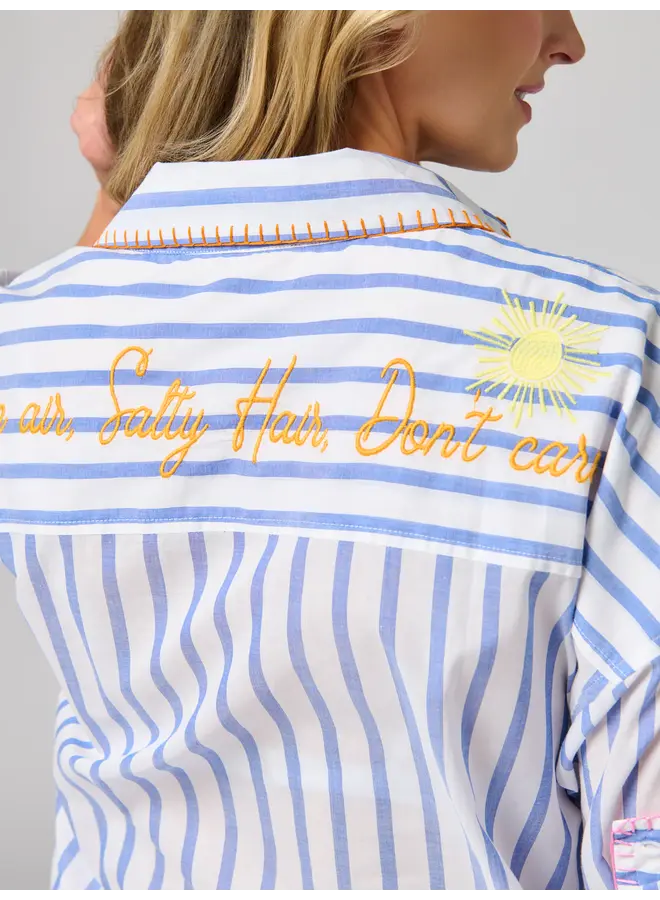 Beach/Ocean Air Salty Hair Don't Care Cover Up Shirt Blue Stripe