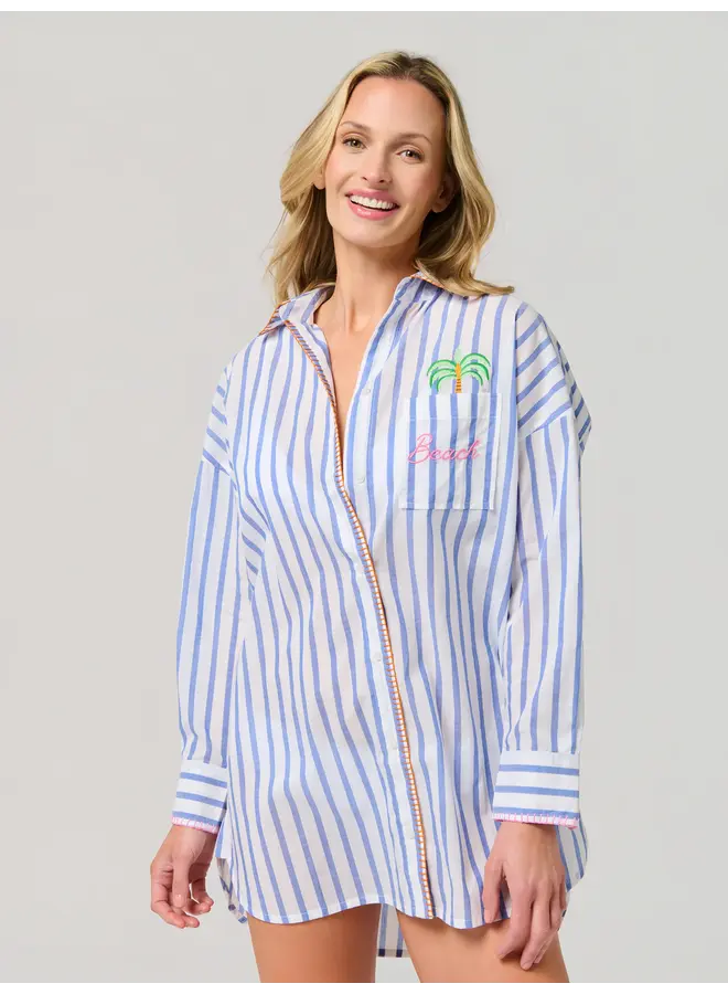 Beach/Ocean Air Salty Hair Don't Care Cover Up Shirt Blue Stripe
