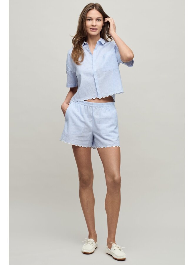 Linen Blend Scalloped Striped Short