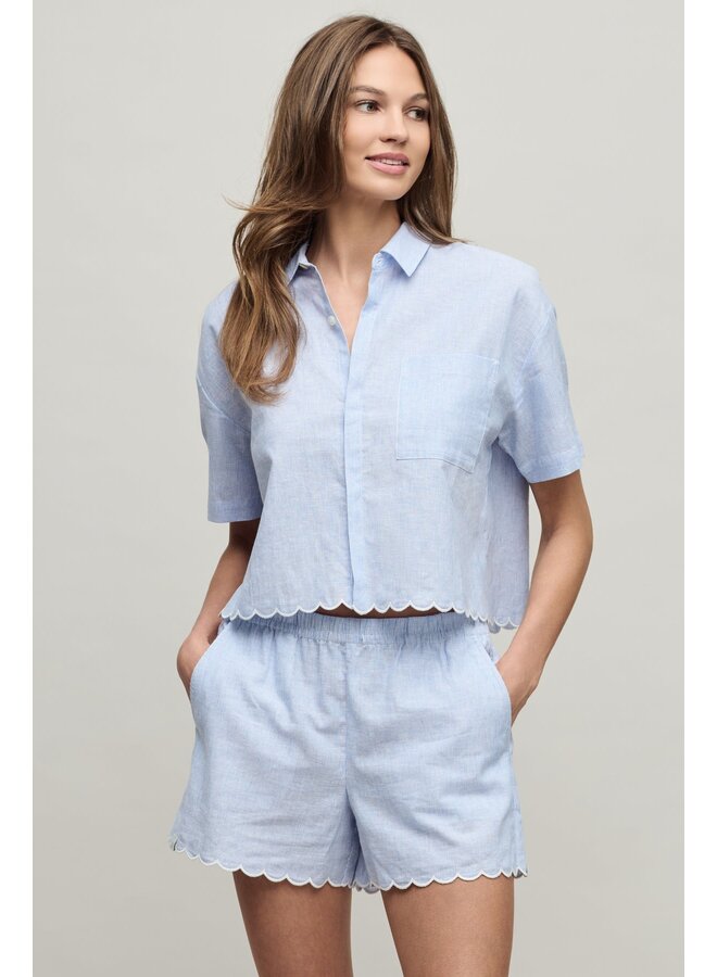 Linen Blend Scalloped Striped Shirt