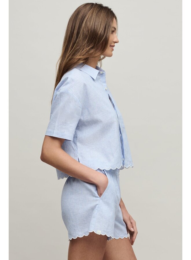 Linen Blend Scalloped Striped Shirt
