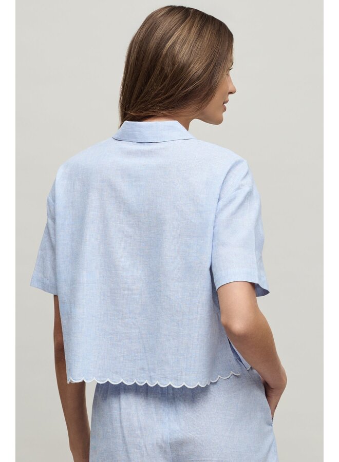 Linen Blend Scalloped Striped Shirt