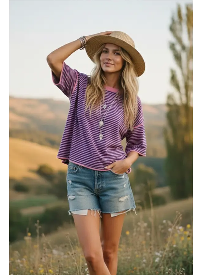 Striped Oversized Knit Top Pink & Royal