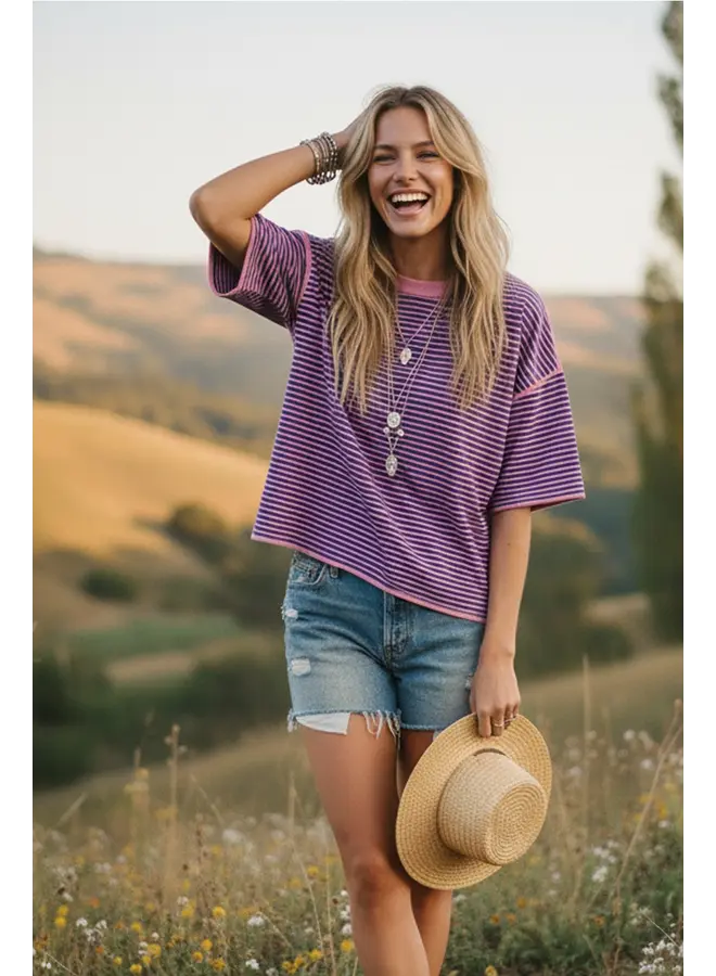 Striped Oversized Knit Top Pink & Royal