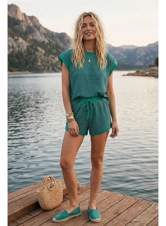 Striped Knit Top and Shorts Set Green & Teal