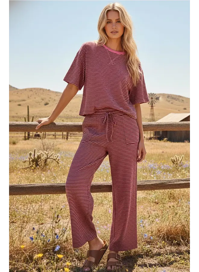 Striped Knit Top and Pants Set Pink & Brown