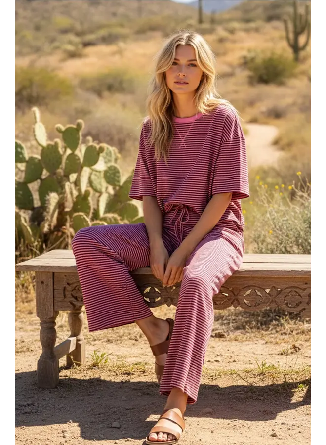 Striped Knit Top and Pants Set Pink & Brown