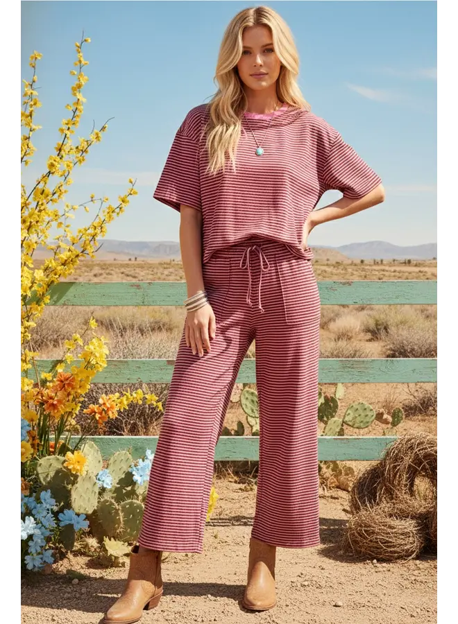 Striped Knit Top and Pants Set Pink & Brown