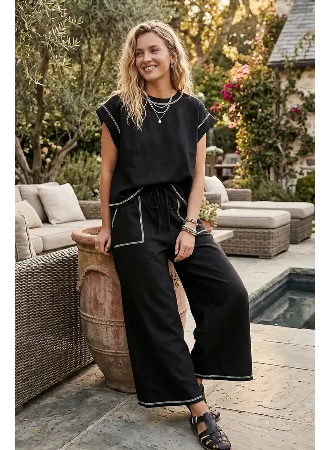 Scuba Contrast Stitch Lounge Set Black