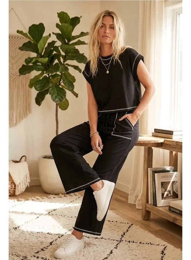 Scuba Contrast Stitch Lounge Set Black