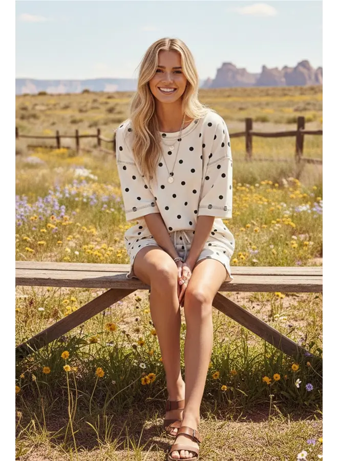Polka Dot Heavy Scuba Top and Shorts Set Cream & Black