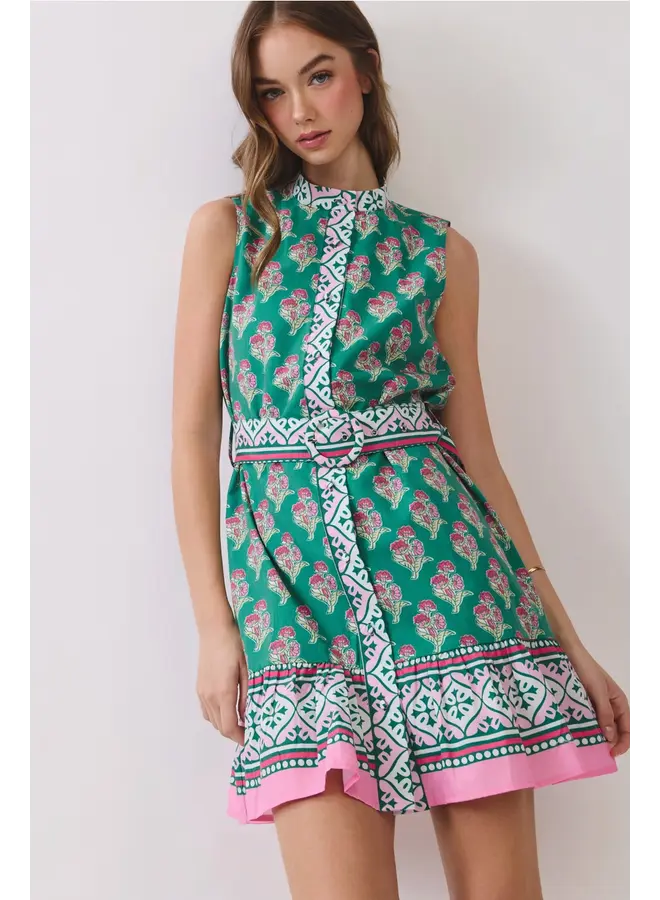 Floral Border Print Belted Mini Dress Green
