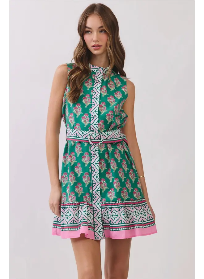 Floral Border Print Belted Mini Dress Green