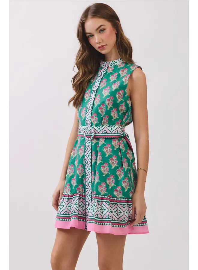Floral Border Print Belted Mini Dress Green