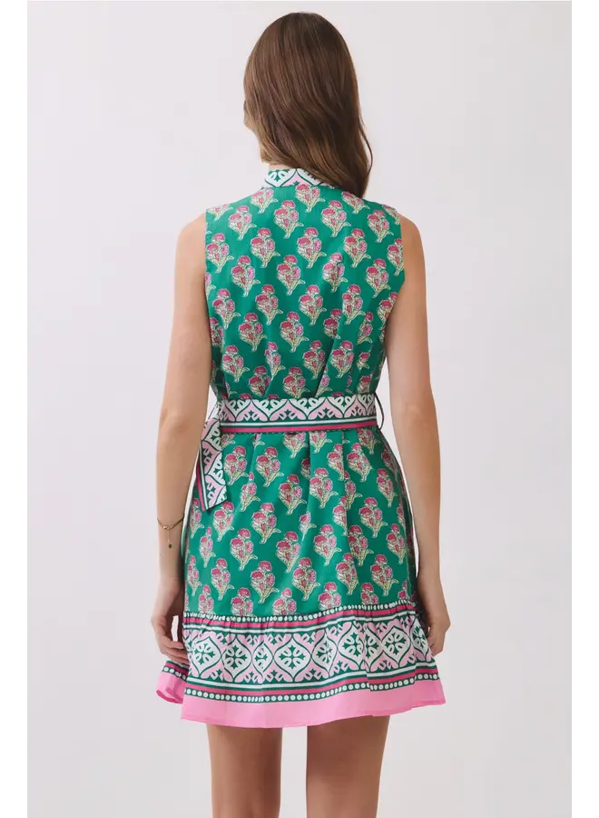 Floral Border Print Belted Mini Dress Green