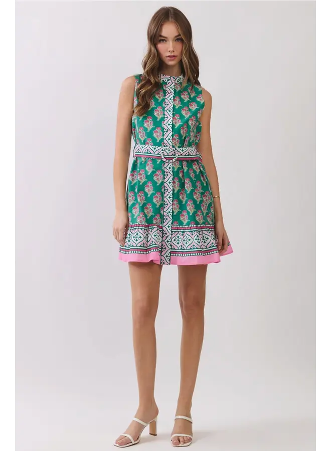 Floral Border Print Belted Mini Dress Green