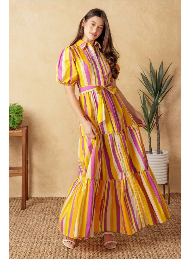 Printed Poplin Maxi Dress Magenta Orange